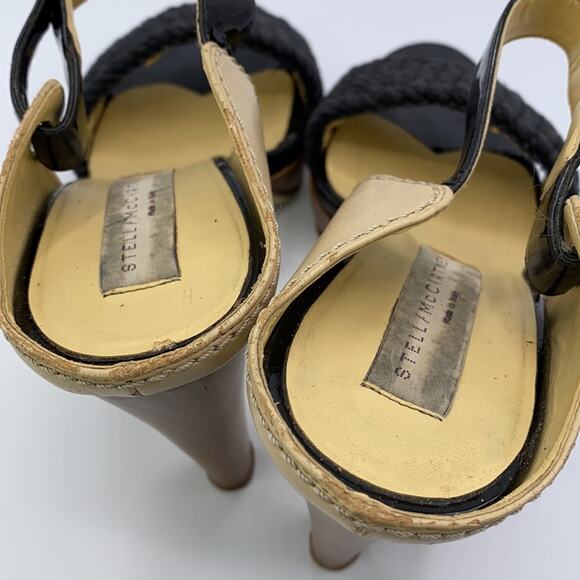 Stella McCartney Black & Tan Woven Platform Sandals 36 Wooden Heel Ankle Straps - Picture 10 of 12